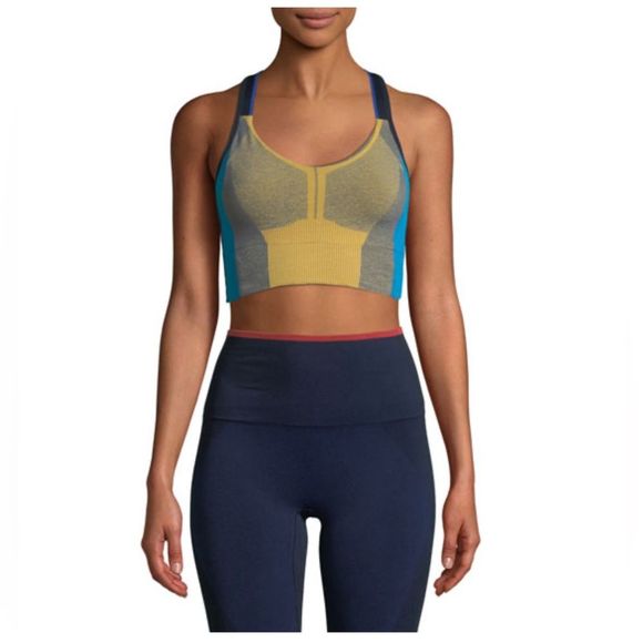 LNDR Trigger Mustard Sports Bra Color Block Blue Razorback Size Medium/Large - Picture 1 of 11